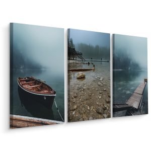 Obraz Tryptyk JEZIORO Pomost Łódka Mgła 3D 180x120cm 137810