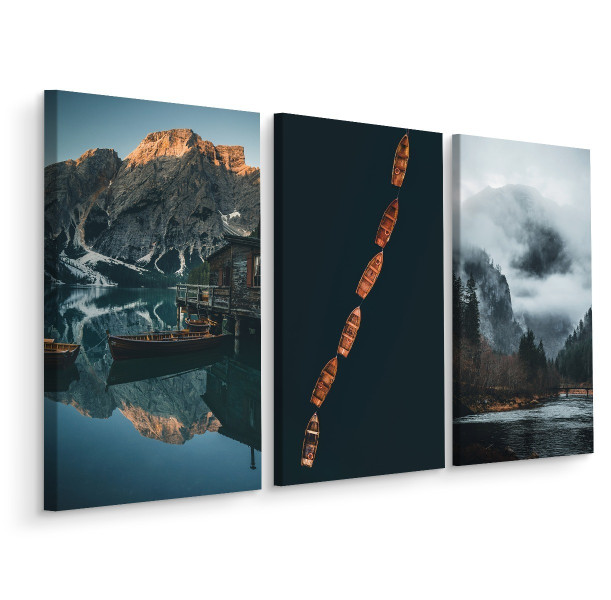 Obraz Tryptyk Łodzie Górskie Jezioro We Mgle 3D 120x80cm 138912