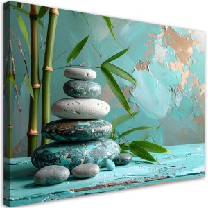 Obraz turkusowy do salonu sypialni, Kamienie zen spa liście bambusa 120×80 885185 Obraz turkusowy do salonu sypialni, Kamienie zen spa liście bambusa 120×80 885185