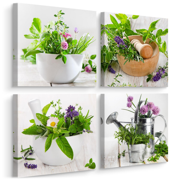 Obrazy Do Kuchni SET Świeże Zioła W Moździerzu 80x80cm 220920
