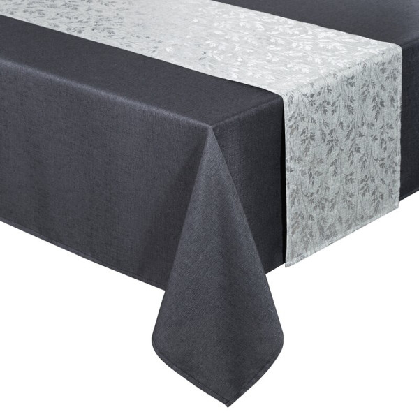 Obrus + bieżnik 140x260+33x260 Anita 6 stalowy zdobiony wzorem liści 990366