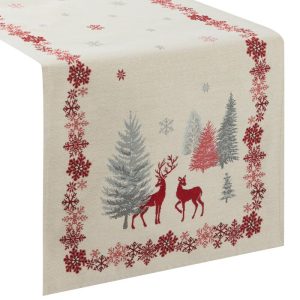 Obrus bieżnik 47×140 gobelinowy świąteczny kremowy czerwony renifery 410926