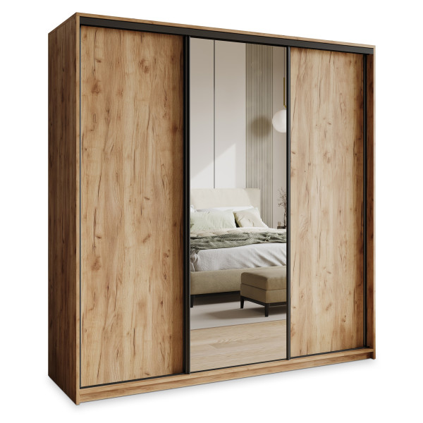 Szafa przesuwna TAVI 200 cm z lustrem Dąb craft złoty + Czarny 740034