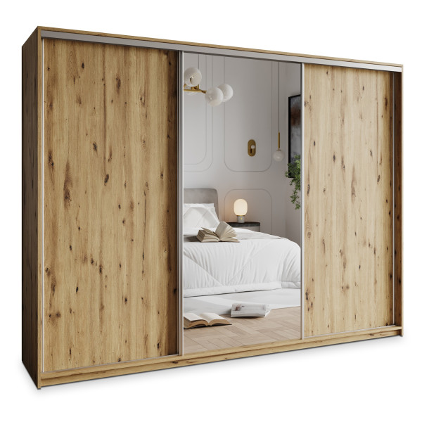 Szafa przesuwna TAVI 250 cm z lustrem Dąb artisan + Satyna 740019