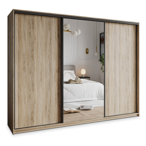 Szafa przesuwna TAVI 250 cm z lustrem Dąb sonoma + Czarny 739820