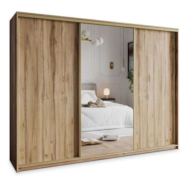Szafa przesuwna TAVI 250 cm z lustrem Dąb wotan + Złoty 740056