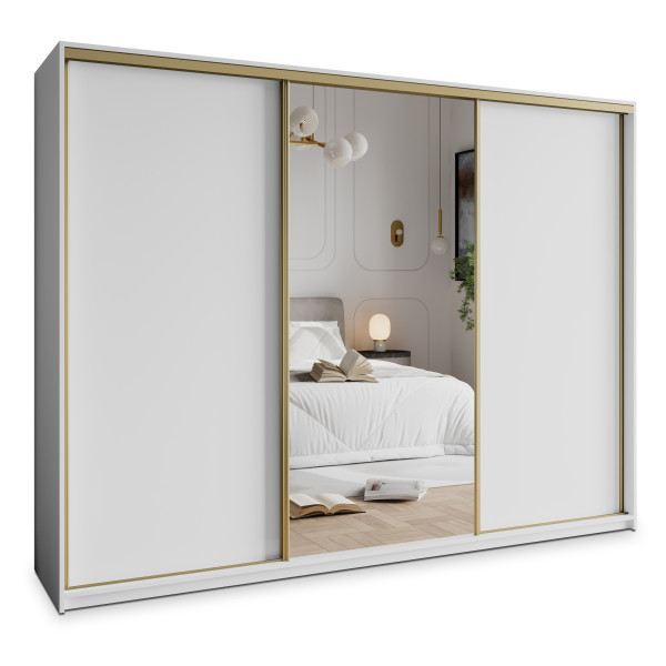 Szafa przesuwna TAVI 270 cm z lustrem Biała + Złoty 740036