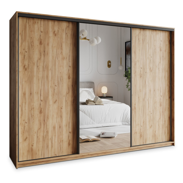 Szafa przesuwna TAVI 270 cm z lustrem Dąb craft złoty + Czarny 739992