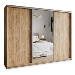Szafa przesuwna TAVI 270 cm z lustrem Dąb craft złoty + Satyna 739890 Szafa przesuwna TAVI 270 cm z lustrem Dąb craft złoty + Satyna 739890
