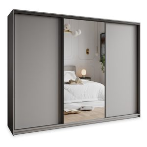 Szafa przesuwna TAVI 270 cm z lustrem Szara + Czarny 740757