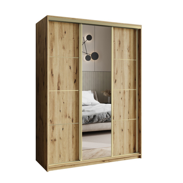 Szafa przesuwna VARO 150 cm z lustrem Dąb artisan + Złoty 731289