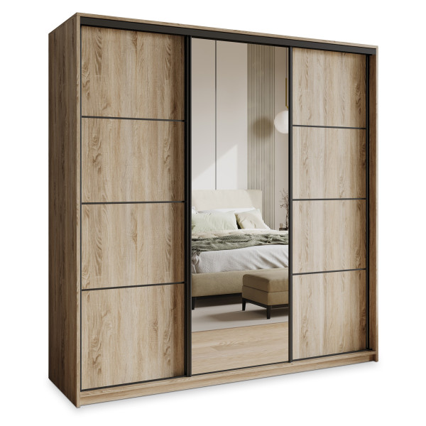 Szafa przesuwna VARO 180 cm z lustrem Dąb sonoma + Czarny 731309