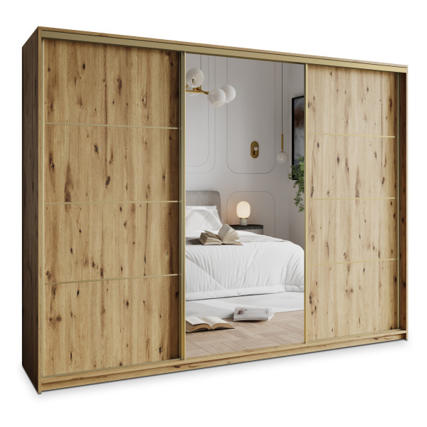 Szafa przesuwna VARO 250 cm z lustrem Dąb artisan + Złoty 731268