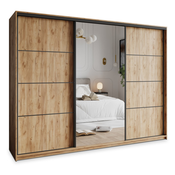Szafa przesuwna VARO 270 cm z lustrem Dąb craft złoty + Czarny 731190