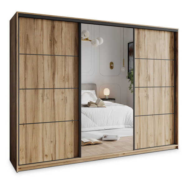 Szafa przesuwna VARO 270 cm z lustrem Dąb wotan + Czarny 731225