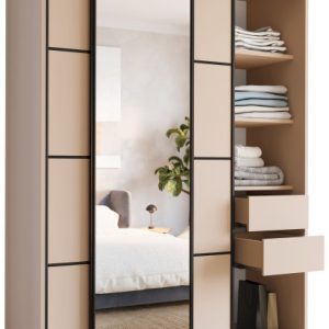 Szafa przesuwna z lustrem 150 cm LOFT beż piaskowy z szufladami 527164 Szafa przesuwna z lustrem 150 cm LOFT beż piaskowy z szufladami 527164