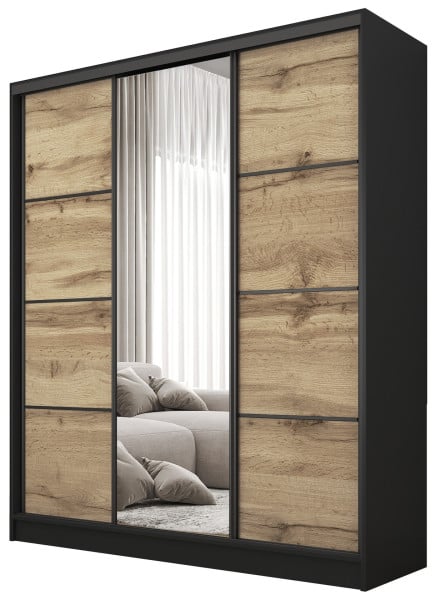 Szafa przesuwna z lustrem 160 cm BEST Dąb wotan + Czarny 224897