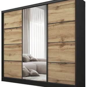 Szafa przesuwna z lustrem 200 cm BEST Dąb wotan + Czarny 224892 Szafa przesuwna z lustrem 200 cm BEST Dąb wotan + Czarny 224892