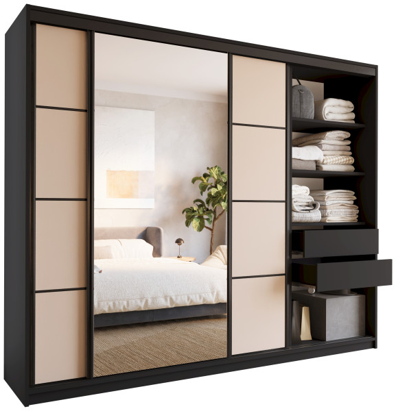 Szafa przesuwna z lustrem 250 cm LOFT czarny + beż piaskowy 527346