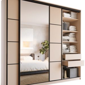 Szafa przesuwna z lustrem 250 cm LOFT MAX z półkami beż 527349 Szafa przesuwna z lustrem 250 cm LOFT MAX z półkami beż 527349
