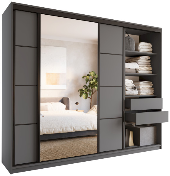 Szafa przesuwna z lustrem 250 cm LOFT z półkami grafit 531836