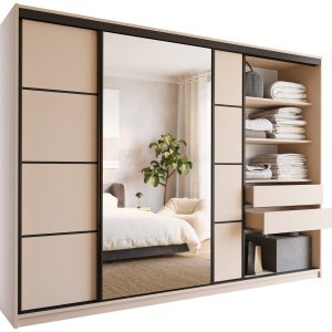 Szafa przesuwna z lustrem 280 cm LOFT beż piaskowy z szufladami 527285 Szafa przesuwna z lustrem 280 cm LOFT beż piaskowy z szufladami 527285