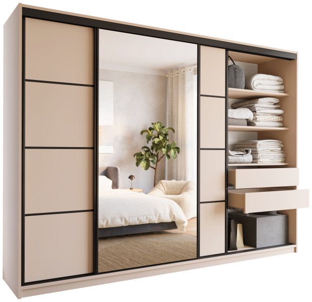 Szafa przesuwna z lustrem 280 cm LOFT beż piaskowy z szufladami 527285