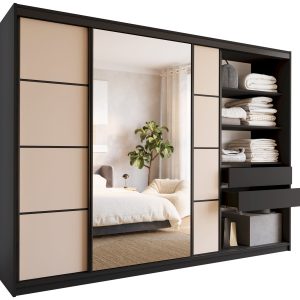 Szafa przesuwna z lustrem 280 cm LOFT czarny + beż piaskowy 527141 Szafa przesuwna z lustrem 280 cm LOFT czarny + beż piaskowy 527141
