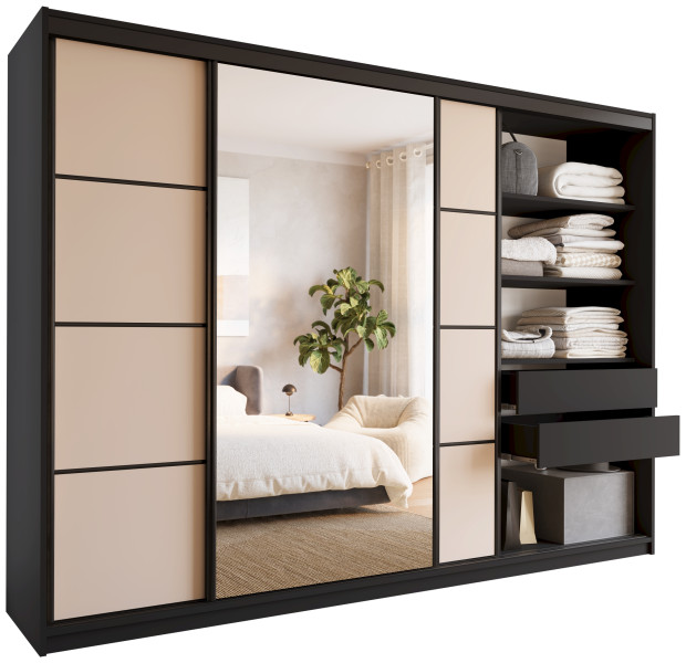 Szafa przesuwna z lustrem 280 cm LOFT czarny + beż piaskowy 527141