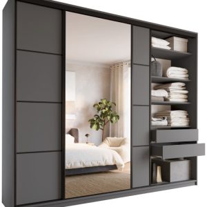 Szafa przesuwna z lustrem 280 cm LOFT MAX grafitowa z półkami 527289 Szafa przesuwna z lustrem 280 cm LOFT MAX grafitowa z półkami 527289
