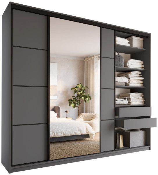 Szafa przesuwna z lustrem 280 cm LOFT MAX grafitowa z półkami 527289