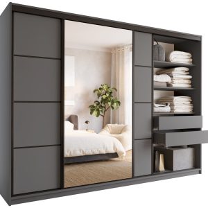Szafa przesuwna z lustrem 280 cm LOFT z półkami grafit 530861 Szafa przesuwna z lustrem 280 cm LOFT z półkami grafit 530861