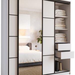 Szafa przesuwna z lustrem i szufladami 180 cm biała LOFT 527301 Szafa przesuwna z lustrem i szufladami 180 cm biała LOFT 527301