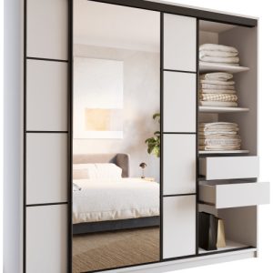 Szafa przesuwna z lustrem i szufladami 200 cm biała LOFT 527237 Szafa przesuwna z lustrem i szufladami 200 cm biała LOFT 527237