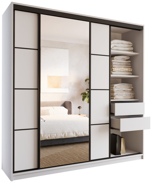 Szafa przesuwna z lustrem i szufladami 200 cm biała LOFT 527237