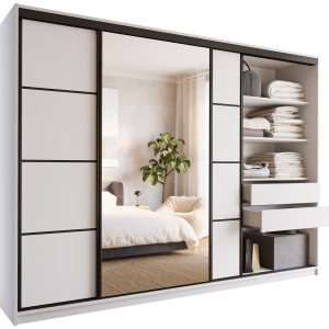 Szafa przesuwna z lustrem i szufladami 280 cm biała LOFT 527322 Szafa przesuwna z lustrem i szufladami 280 cm biała LOFT 527322