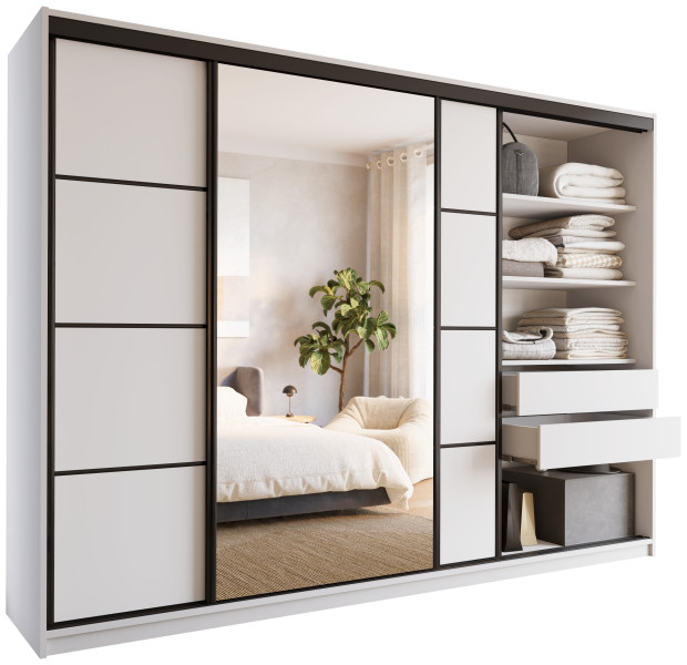 Szafa przesuwna z lustrem i szufladami 280 cm biała LOFT 527322