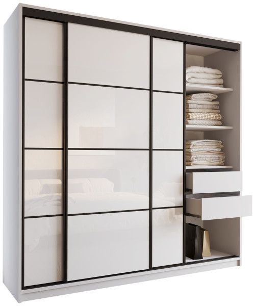 Szafa przesuwna z szufladami 200 cm biała połysk LOFT 527151