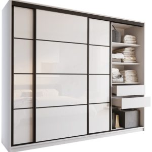 Szafa przesuwna z szufladami 250 cm biała połysk LOFT 527243