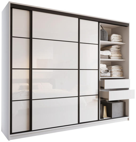 Szafa przesuwna z szufladami 250 cm biała połysk LOFT 527243