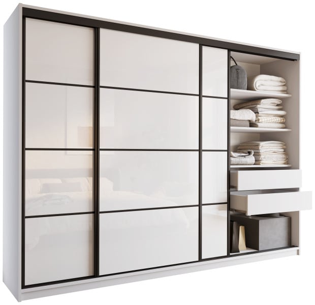 Szafa przesuwna z szufladami 280 cm biała połysk LOFT 527271