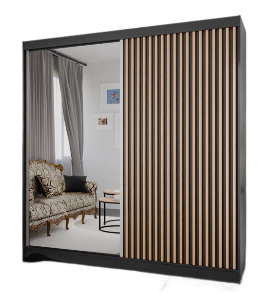 Szafa z lamelami i lustrem 200 cm-czarna + lam. craft złoty 223414