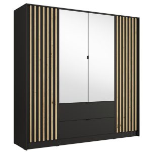 Szafa z lustrem 200 cm KORSO i szufladami czarny lamele 946003 Szafa z lustrem 200 cm KORSO i szufladami czarny lamele 946003