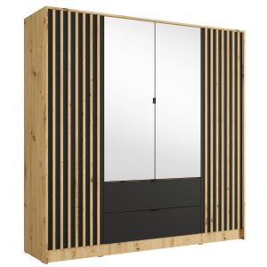 Szafa z lustrem Korso 200 cm i szufladami dąb artisan/czarny lamele 946007 Szafa z lustrem Korso 200 cm i szufladami dąb artisan/czarny lamele 946007