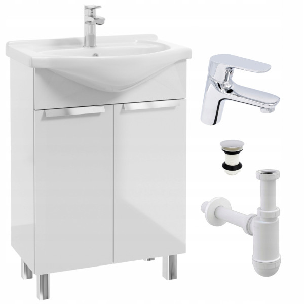 Szafka Biała Łazienka Stojąca z Umywalką 60 Bateria Chrom Click Clak Syfon 436645