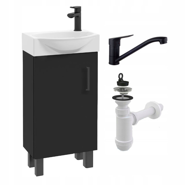 Szafka do Łazienki Stojąca z Umywalką 40x22 Czarna Mała Mat z Baterią Obrot 930194