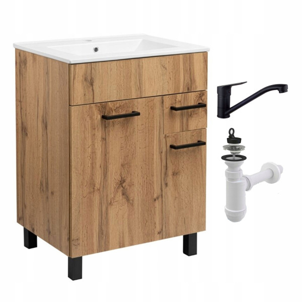 Szafka do Łazienki z Umywalką Stojąca 60x47cm Dąb Wotan + Bateria Czarna 791355