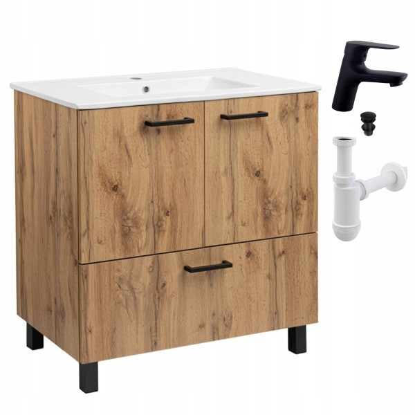 Szafka do Łazienki z Umywalką Stojąca 80x47cm Dąb Wotan +Bateria Czarna Sig 792829