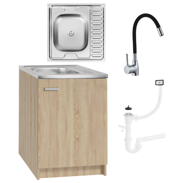 Szafka Kuchenna 60x60 Sonoma Zlew Bateria Elastyczna Czarna 455127
