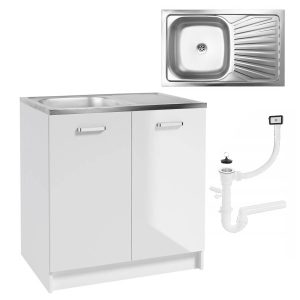 Szafka Kuchenna Biała Połysk 80 x 50 cm Stojąca ze Zlewem + Syfon+Mocowania 990708